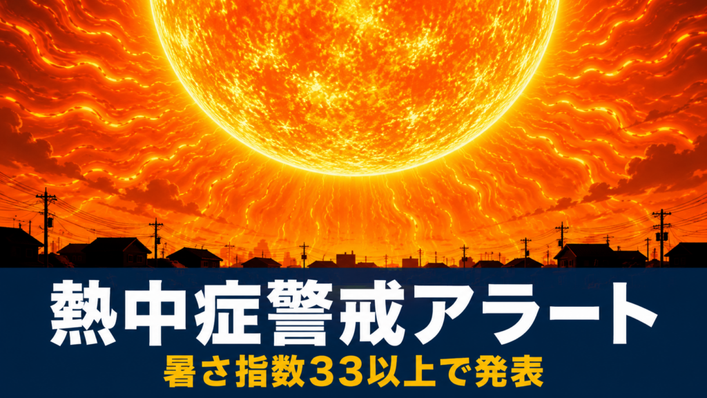 巨大な太陽が住宅街を照らす熱中症警戒アラートのイメージイラスト