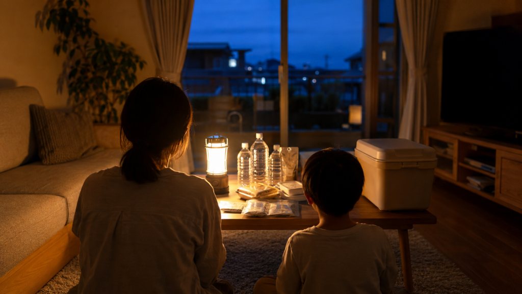 停電した自宅でランタンを灯し備蓄品を囲む家族の後ろ姿の在宅避難イメージ