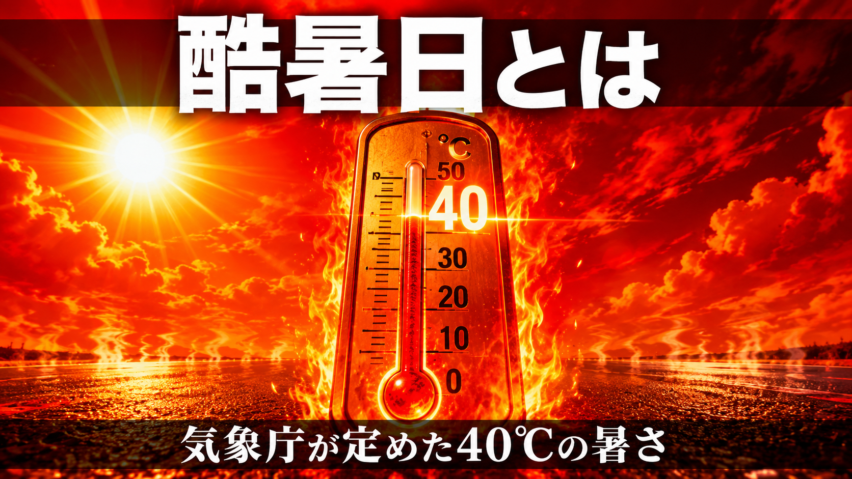 気象庁が定めた酷暑日(40℃以上)を象徴する温度計と灼熱の太陽のイラスト