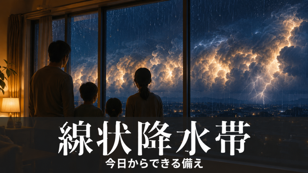 窓の外に連なる積乱雲の列を見つめる家族のシルエット、線状降水帯をイメージした情景