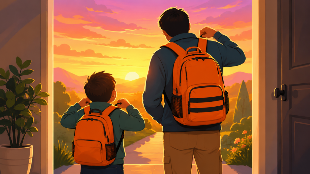 朝焼けの下で親子が防災リュックの重さを確かめる後ろ姿のイラスト