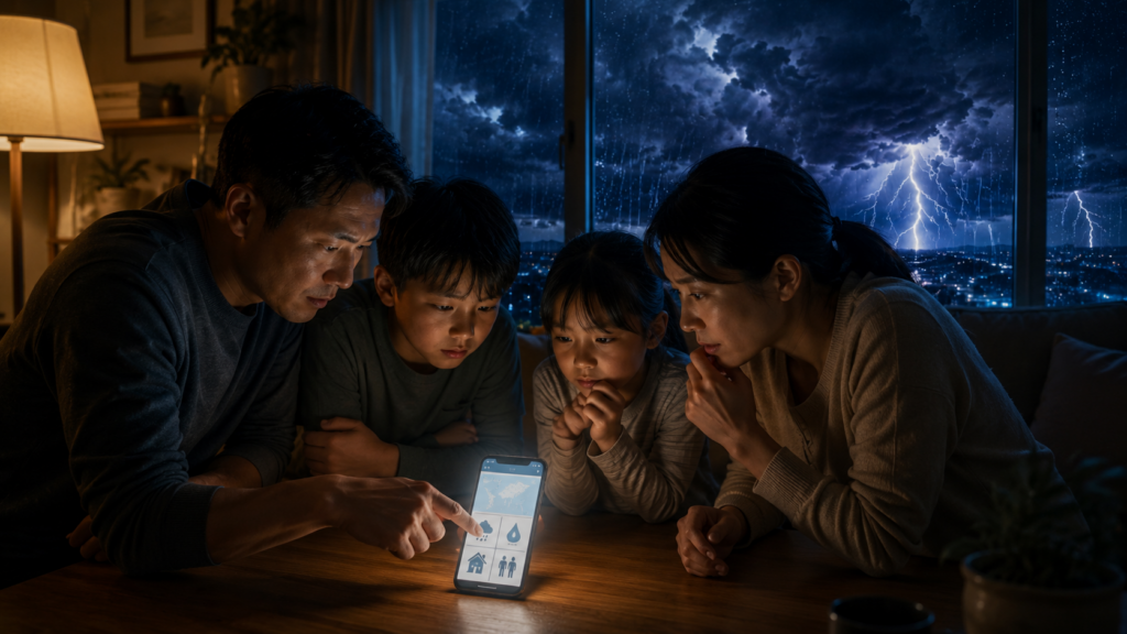 家族で防災アプリの通知や連絡方法を確認し合う夜のイメージ