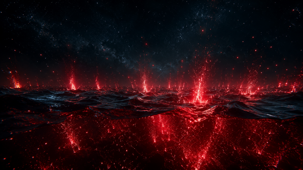 夜の海で群発地震が繰り返し起こる様子を光の噴出で表したイメージ