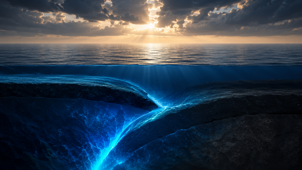 海溝でプレートが沈み込みひずみが蓄積する様子を表したイメージ