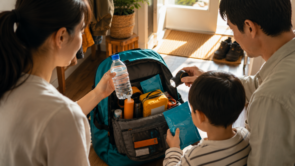 非常持ち出しリュックの中身を家族で点検する様子のイメージ