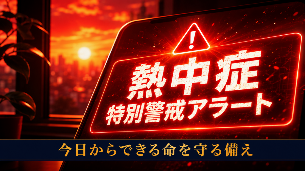 熱中症特別警戒アラートの緊急通知が表示されたスマートフォンと猛暑の夕焼けを表したイメージ