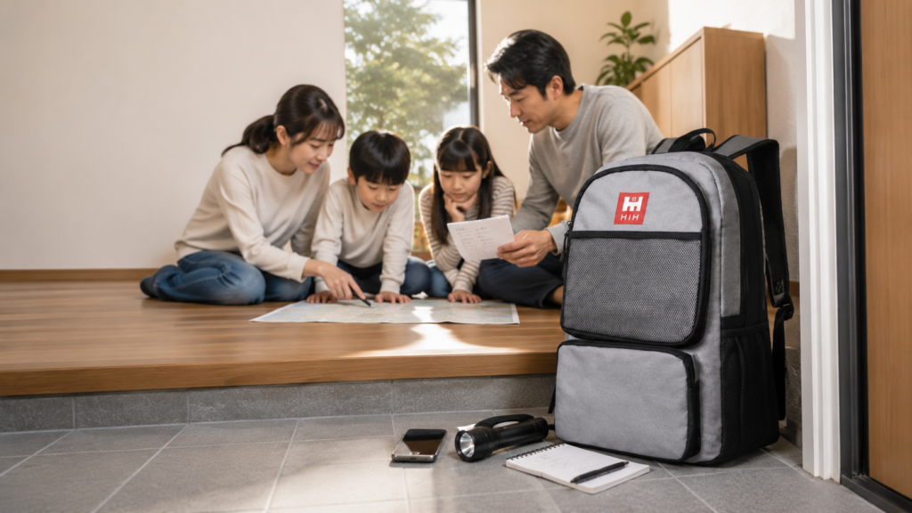 防災リュックを玄関に備え、家族で避難経路や行動計画を確認している様子