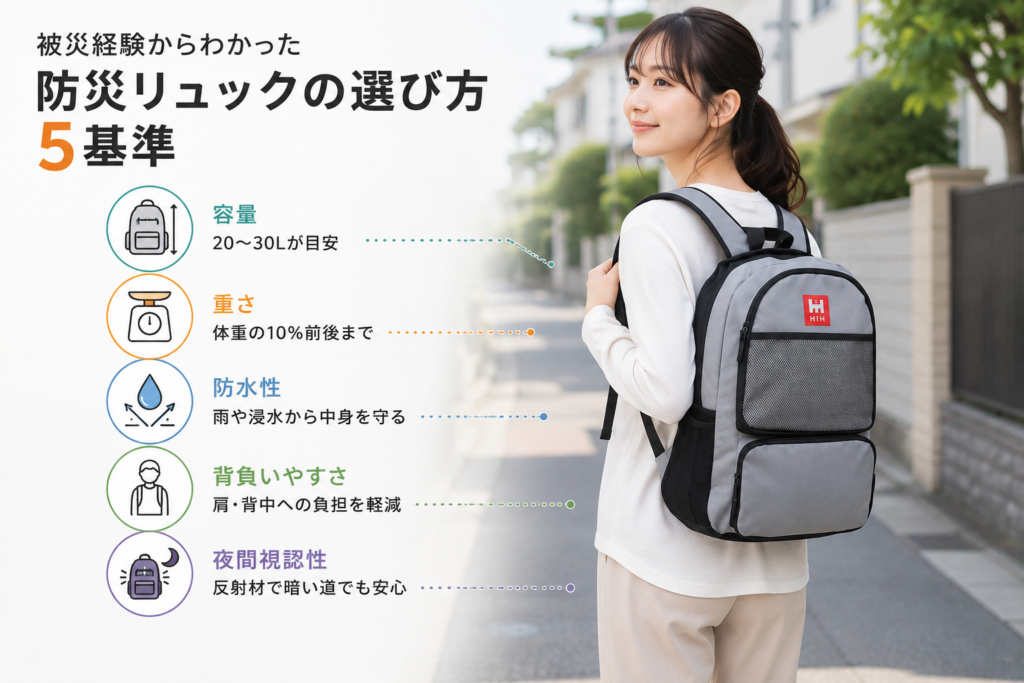 防災リュックの選び方5基準(容量・重さ・防水性・背負いやすさ・夜間視認性)を解説するイメージ画像