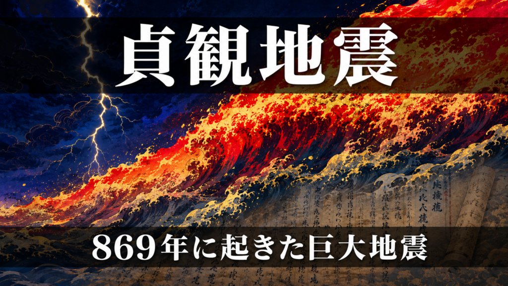 869年の貞観地震をイメージした巨大な波と稲光の和風グラフィックイラスト