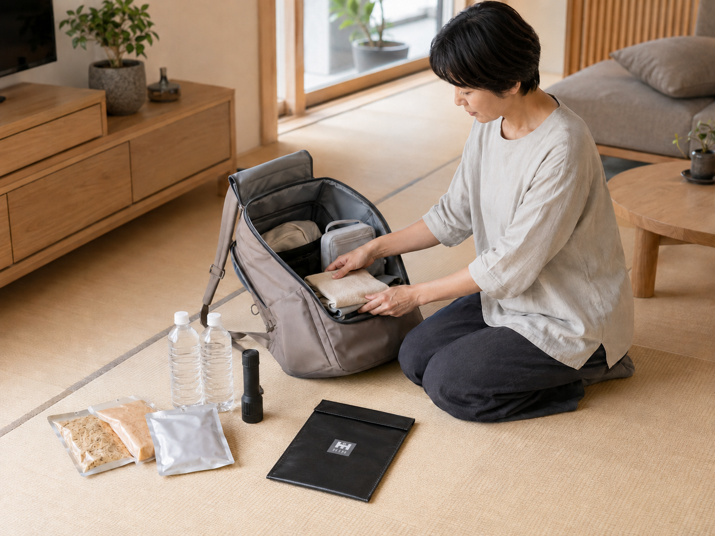 防災リュックを点検しながら耐火収納バッグを備える様子