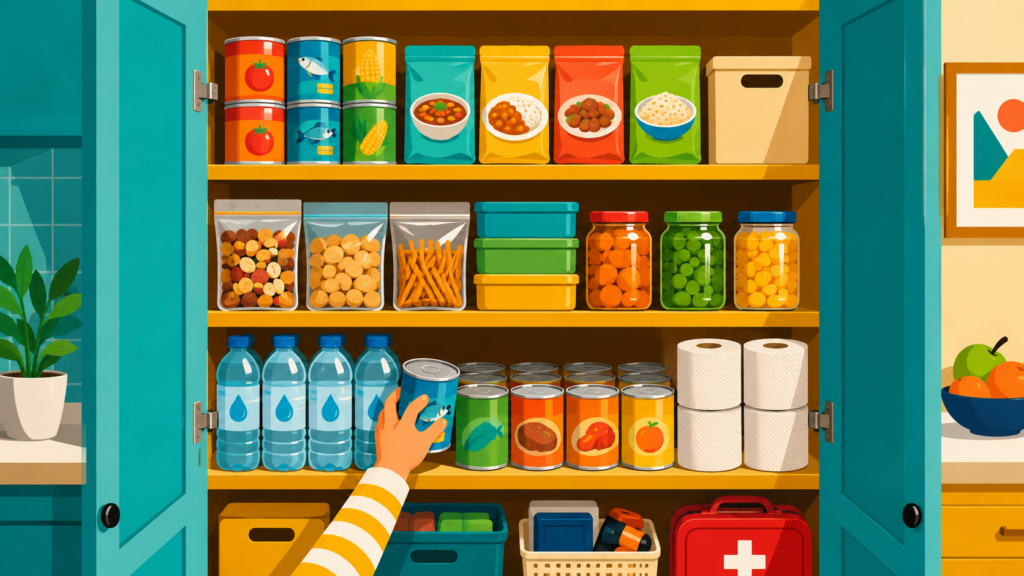 カラフルな備蓄食品が並ぶ棚とローリングストックの様子を表したイラスト
