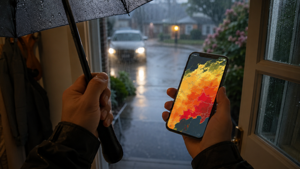 外出前にスマホでキキクルの地図を確認している手元のイメージ