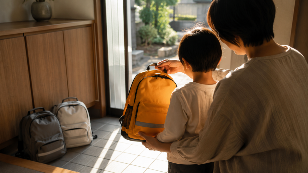 家族で防災リュックの重さを確認する朝の玄関のイメージ