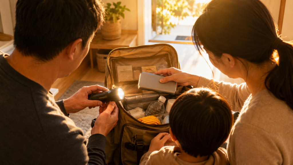 家族で防災リュックの中身を確認する朝の情景イメージ
