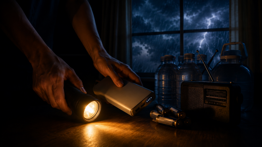 停電時に懐中電灯やモバイルバッテリー、電池式ラジオを準備する手元のイメージ
