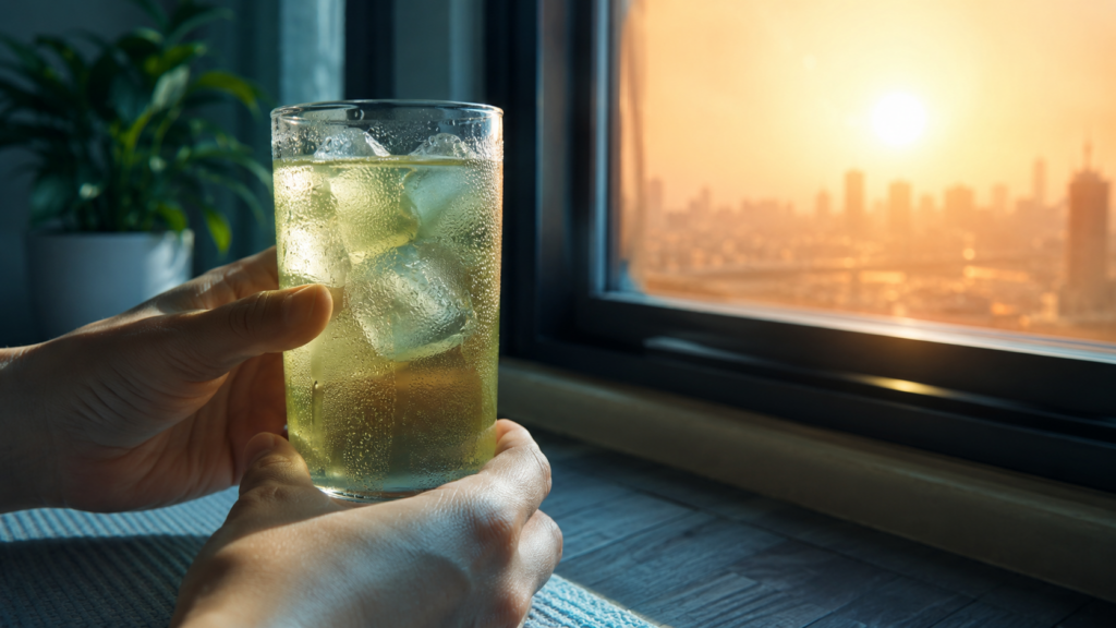 涼しい室内で冷たい飲み物で水分補給をする手元のイメージ