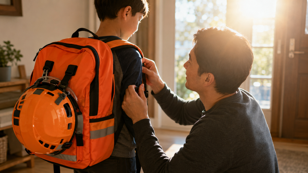 子どもがヘルメット付き防災リュックを背負う準備をしている家庭のイメージ