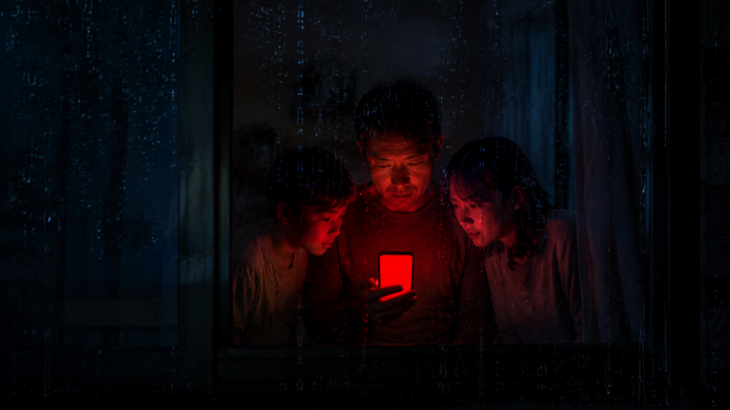 夜に警戒情報を確認する家族を描いた警戒レベル5のイメージ