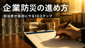 企業防災の進め方をチェックリストで確認するオフィスの手元のイメージ