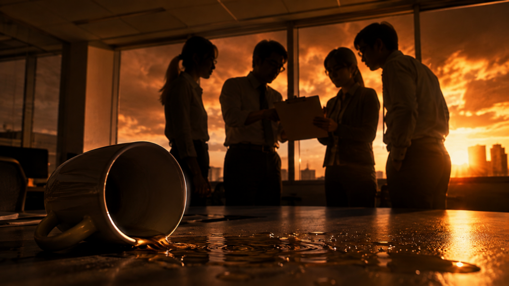 夕方の発災直後に職場で従業員の安否を確認する様子のイメージ