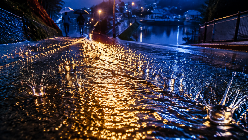 舗装された坂道を雨水が一気に流れ下る様子のイメージ