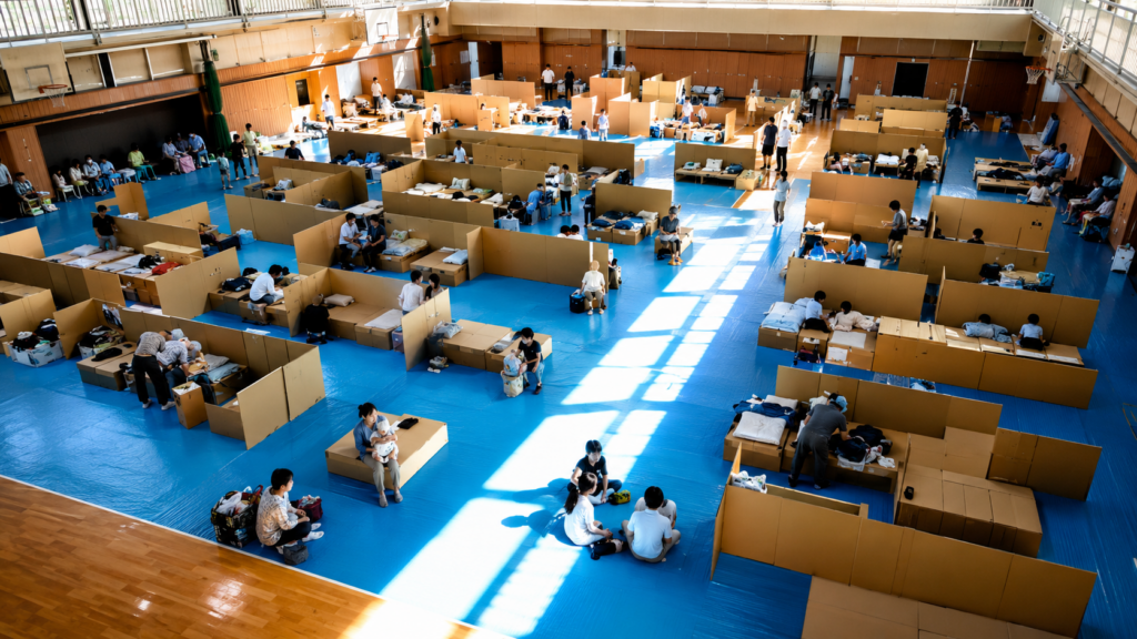 多くの人が身を寄せる体育館の避難所を俯瞰したイメージ