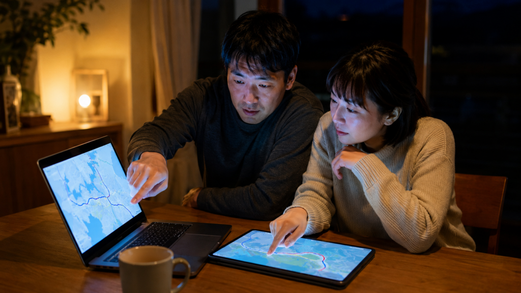 夜の自宅で家族が地図を見ながら通勤ルートを確認するイメージ