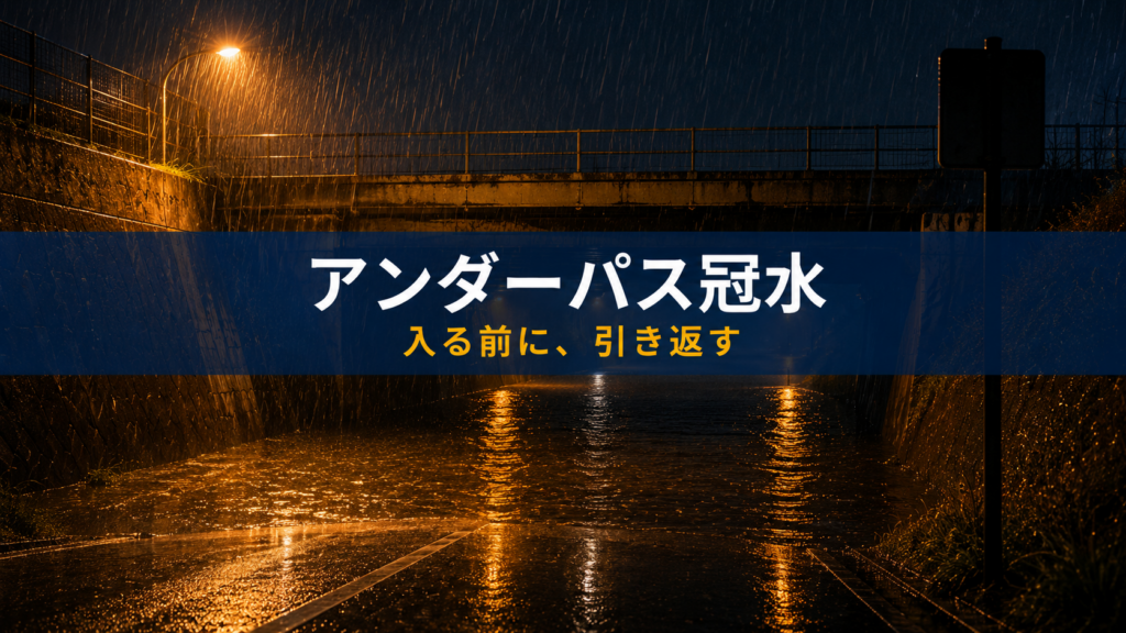 豪雨の夜、照明が水面に映り込む冠水したアンダーパスのイメージ