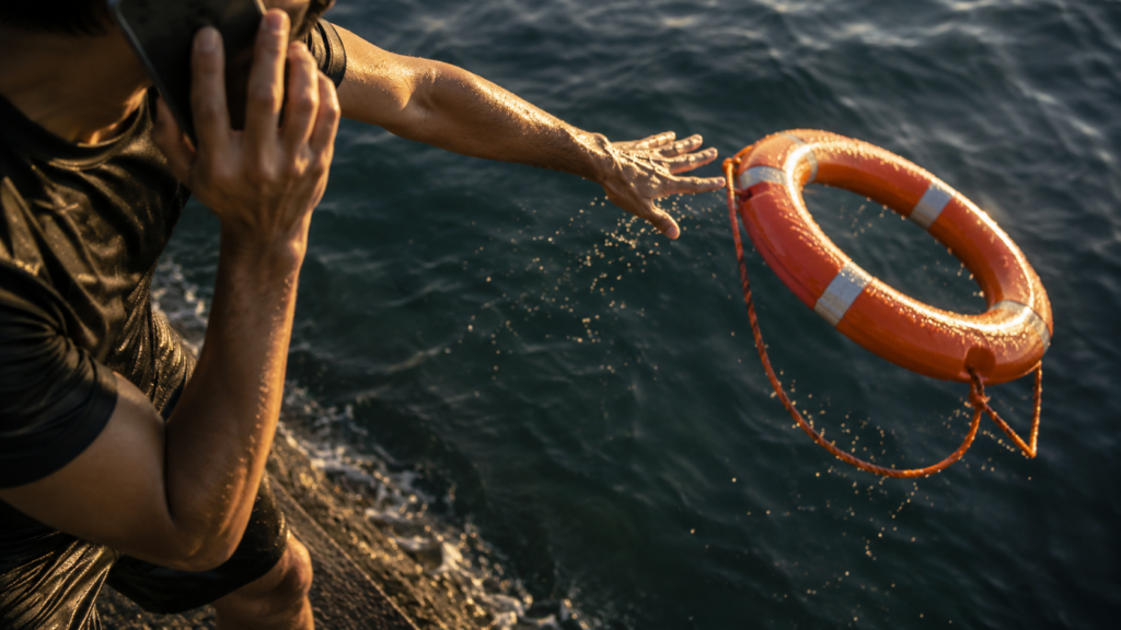 浮き輪を水面に投げ入れながら電話で通報する手元のイメージ