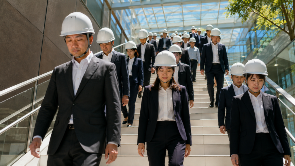 オフィスビルで避難訓練に参加する多数の社員のイメージ