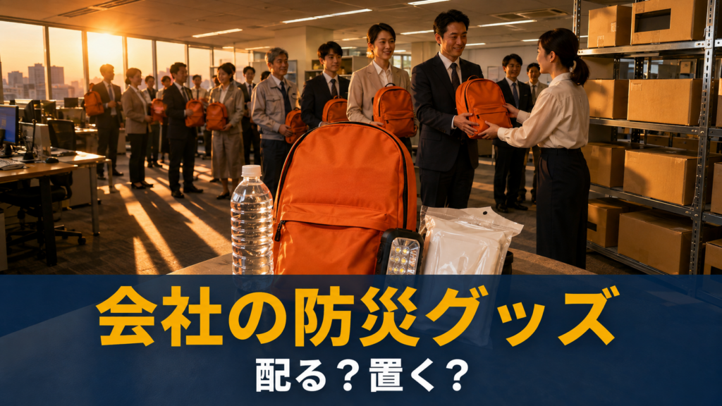会社の防災グッズを従業員に配布するオフィスと共用備蓄の棚を写したイメージ