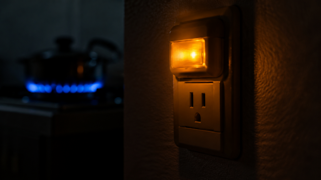 暗い室内でコンセントに取り付けた感震ブレーカーが光る、通電火災対策のイメージ