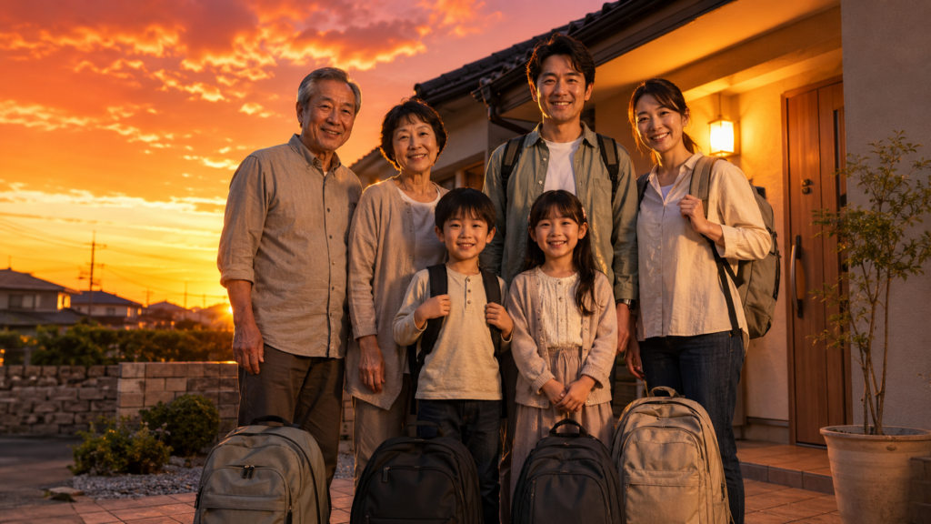 夕暮れの玄関前で防災リュックとともに並ぶ三世代家族のイメージ
