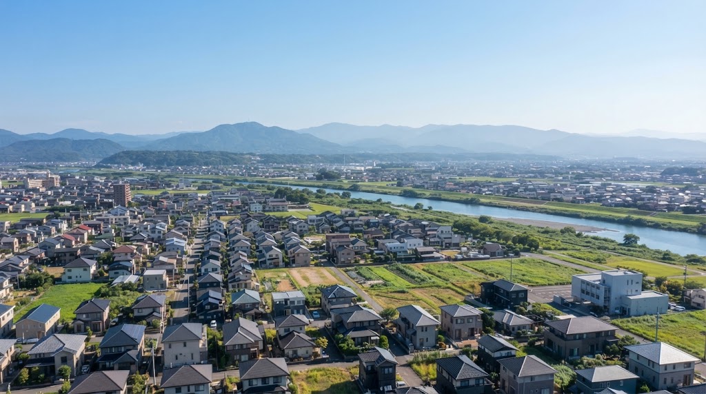 自治体ごとに防災リスクが異なることを表す市街地の風景