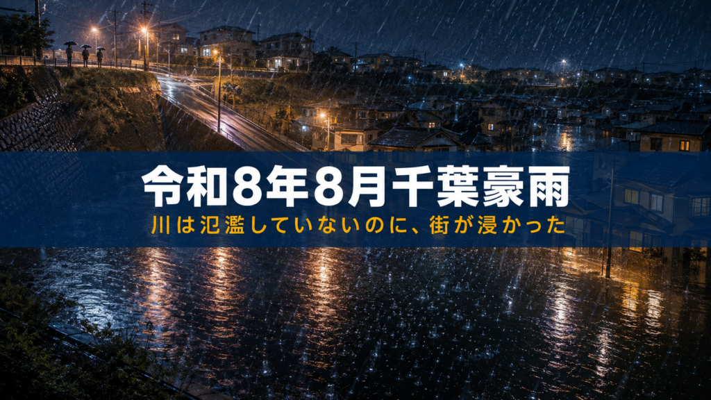 高台と谷状の低地の高低差に雨水が集まる様子を表した令和8年8月千葉豪雨のイメージ