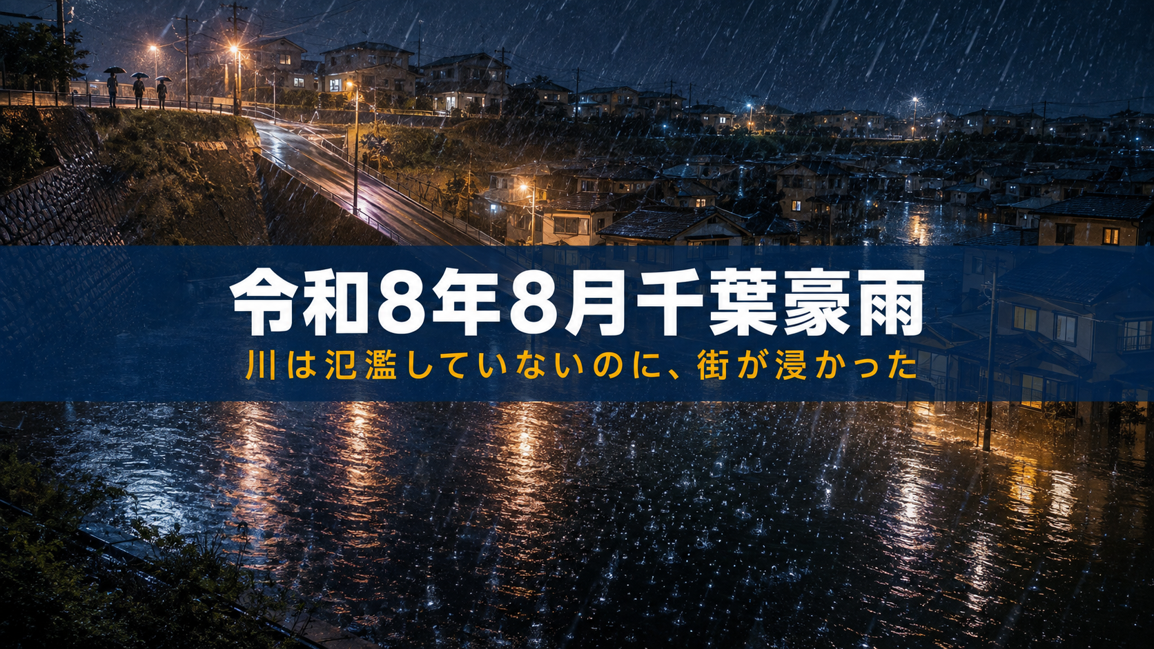 高台と谷状の低地の高低差に雨水が集まる様子を表した令和8年8月千葉豪雨のイメージ