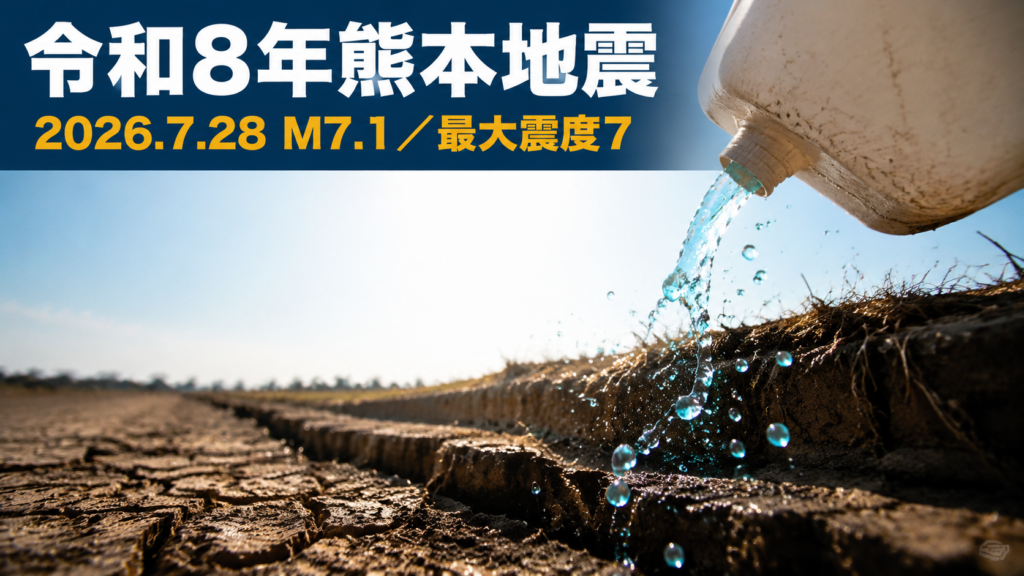 令和8年熊本地震を象徴する、真夏の乾いた大地の横ずれと給水の水しぶきのイメージ