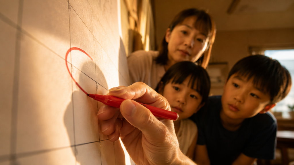 カレンダーに防災の点検日を赤ペンで書き込もうとする家族のイメージ
