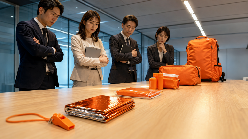 展示会ブースで防災グッズを手に取る来場者のイメージ