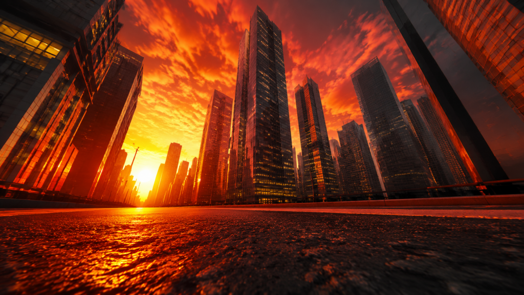 夕暮れの都市を路面から見上げた、都市の直下で起きる地震をイメージした画像
