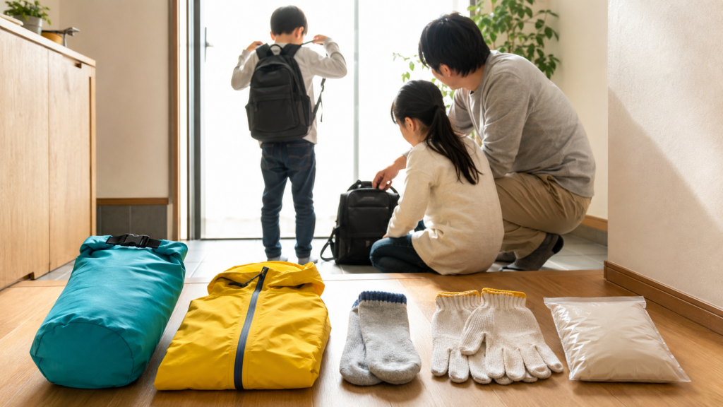 雨上がりの朝、光が差し込む住宅街と親子を描いたイメージ