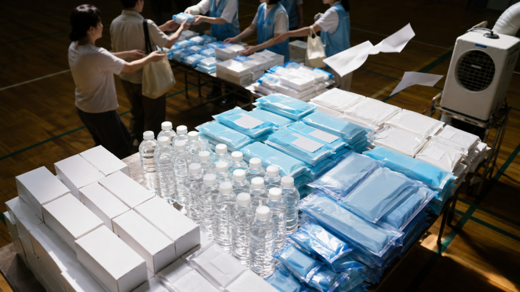 夏の避難所で配布される携帯トイレや経口補水液などの支援物資のイメージ