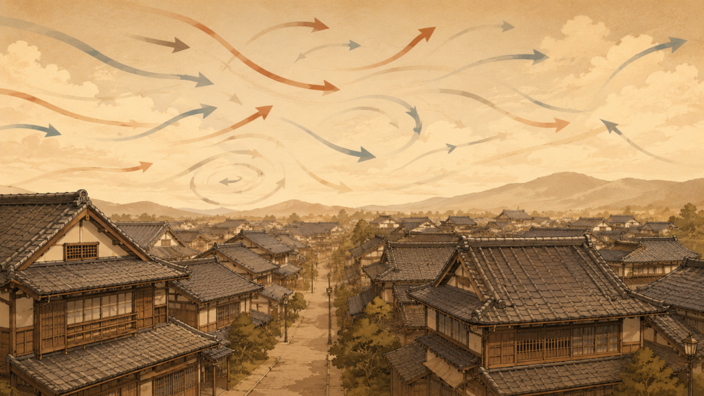 大正時代の木造家屋が並ぶ街並みと風向きの変化を示すイラスト