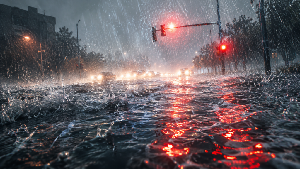 視界が白く霞むほどの非常に激しい雨で路面が水膜に覆われた交差点のイメージ