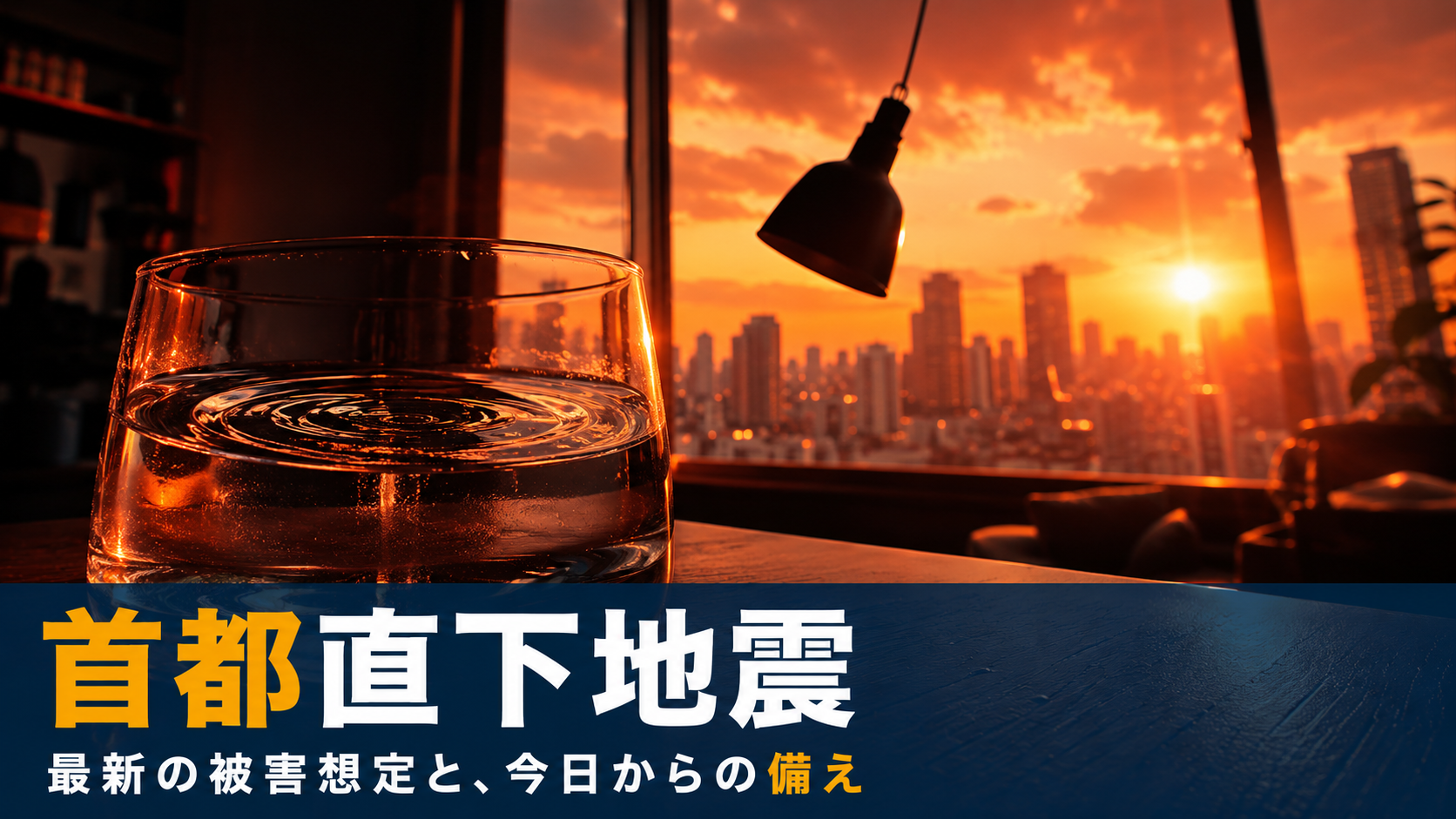 夕暮れの都市を望む室内でコップの水面が波打ち照明が揺れる、首都直下地震の揺れをイメージした画像