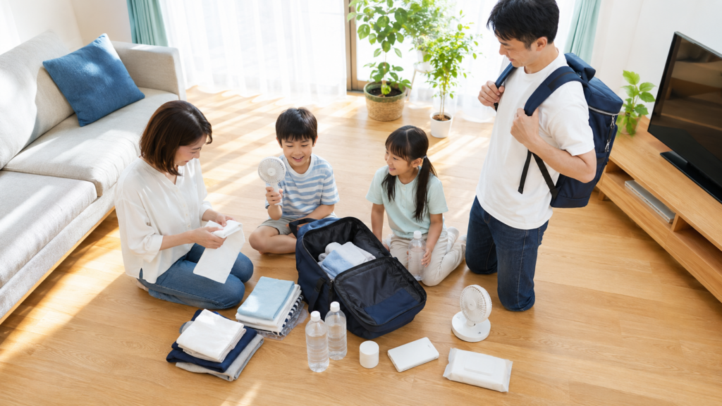 夏の被災を想定して防災リュックの中身を家族で見直す様子のイメージ