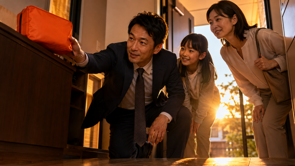 会社から持ち帰った防災グッズを家族で玄関に置く様子のイメージ