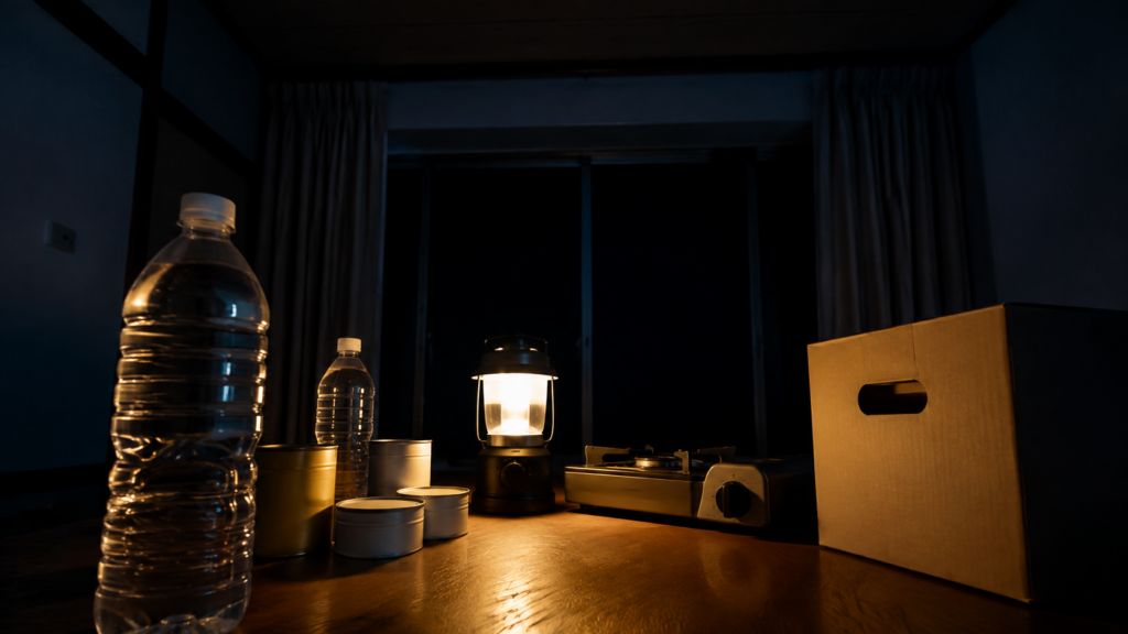 停電した室内でランタンの明かりに照らされた水と保存食の備蓄のイメージ