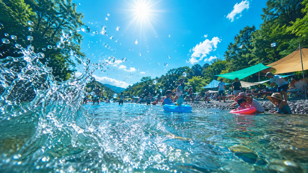 真夏の川原で水しぶきを上げて遊ぶ人々を超広角で捉えたイメージ