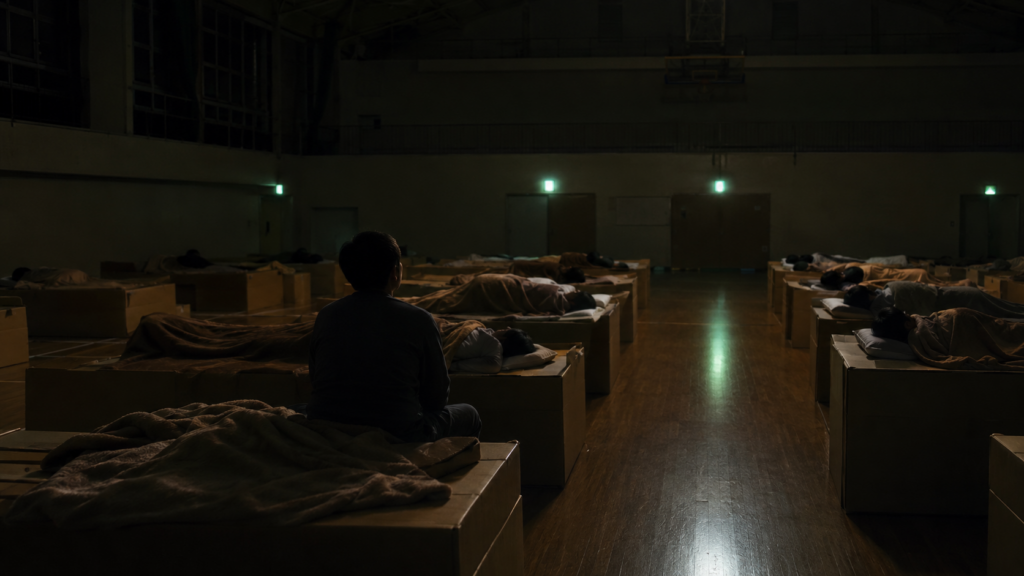 余震が続くなか避難所で眠れない夜を過ごす人のイメージ